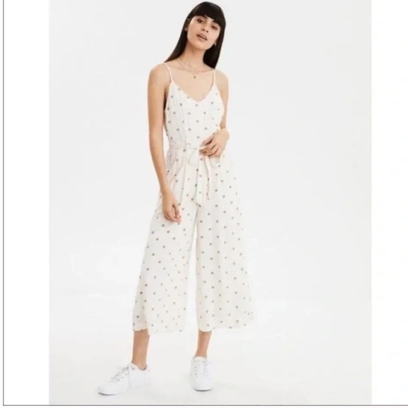 American Eagle Outfitters Pants - American Eagle Cream Polka Dot Jumpsuit